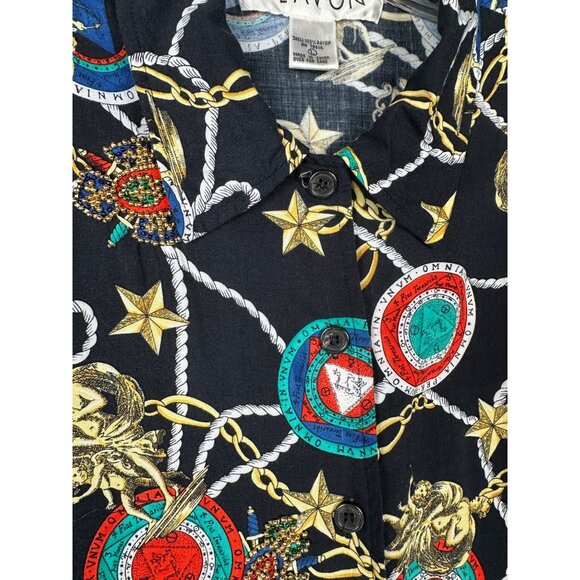 Vintage Womens Button Up Shirt Large Black Chain Medallion Baroque Old Money - Picture 7 of 12